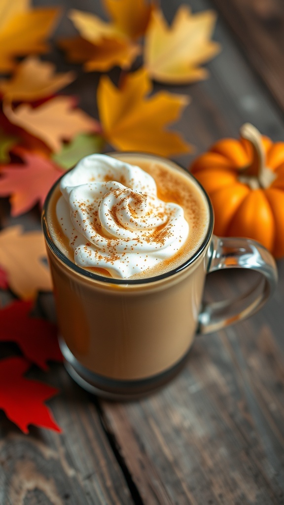 A cozy pumpkin spice latte with whipped cream and cinnamon on a wooden table with autumn decorations.